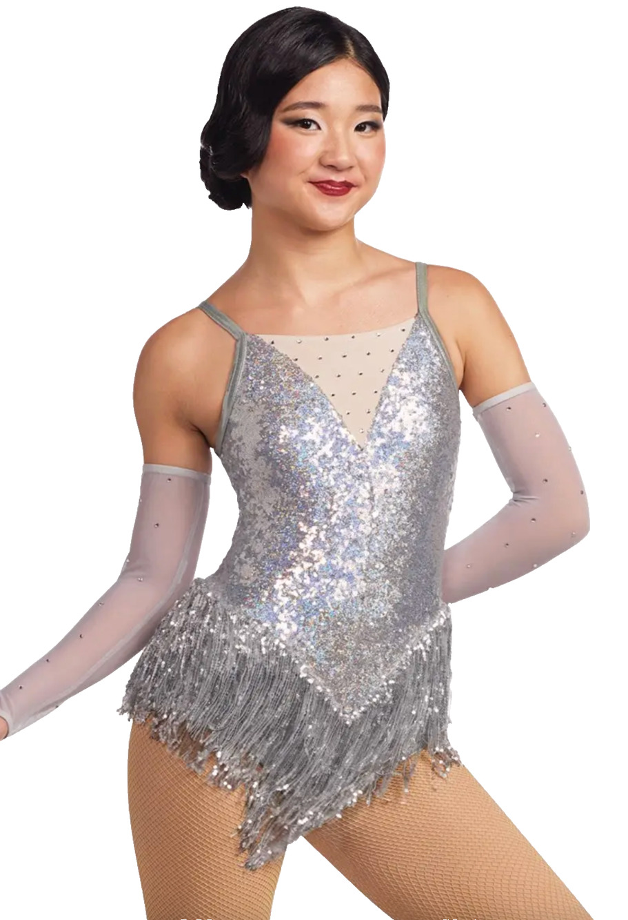 Silver Flapper Broadway Fringe Dance Costume with Gloves Adult M Little Swing